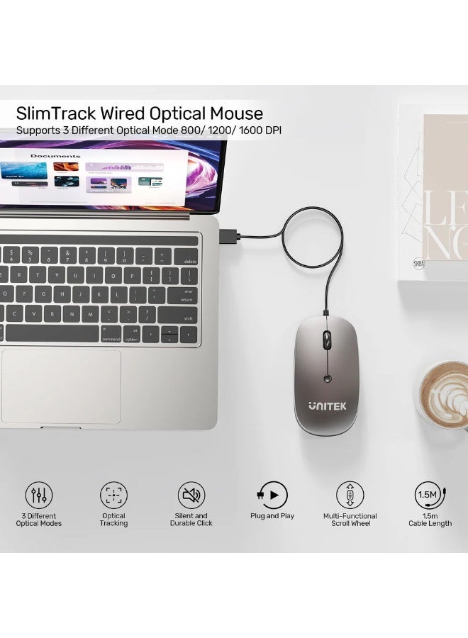 يوني تيك SlimTrack Wired Optical Mouse – Slim, Silent, 1600 DPI, Multi-Functional Scroll, USB-A Plug & Play - Image 2